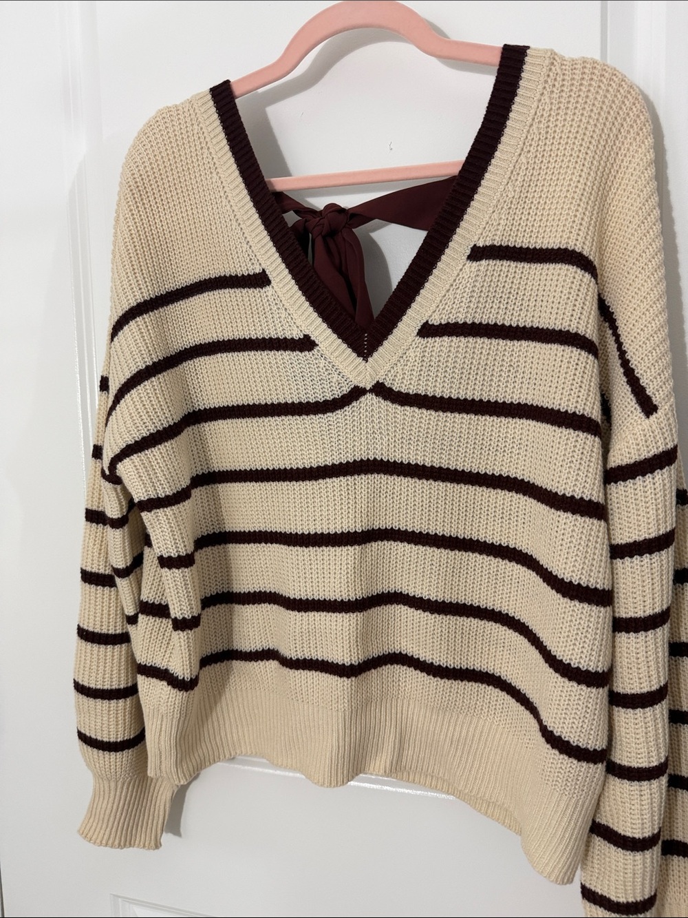 Cream and Brown Striped V-Neck Sweater